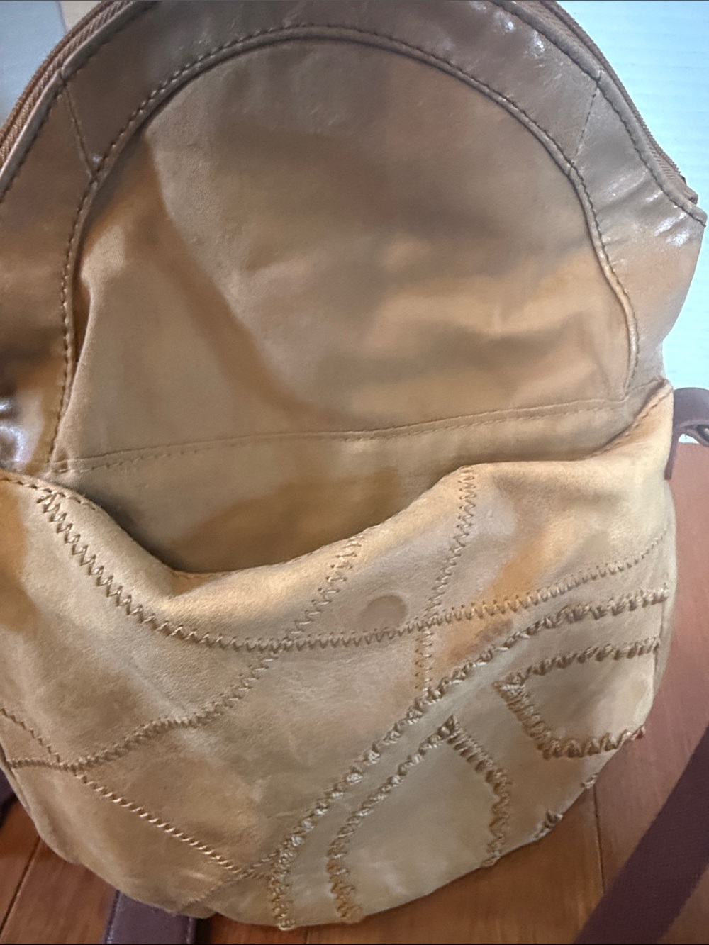 The Sak Deena fold-over crescent crossbody bag. tan leather peace sign stitch - Picture 6 of 11